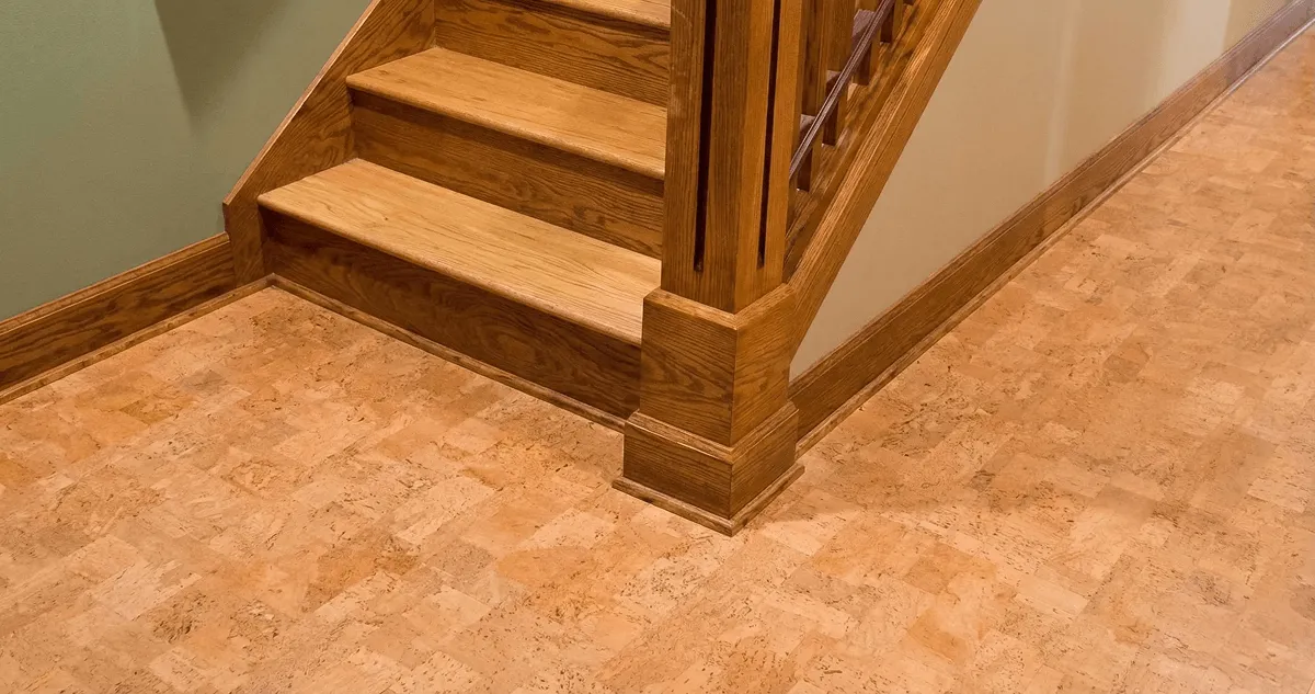End of a staircase with cork flooring in Bellevue, WA