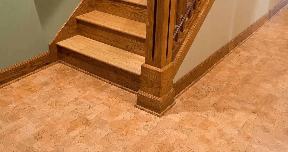 End of a staircase with cork flooring in Bellevue, WA
