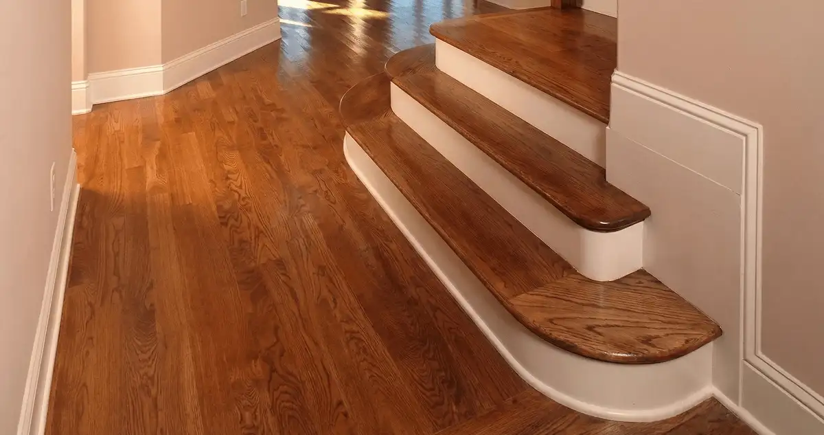 Base floor of a staircase with professionally restored wood flooring in Bellevue WA