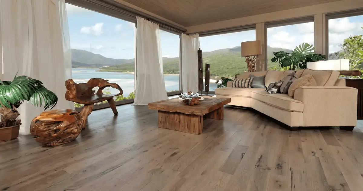 Professionally installed vinyl flooring in a modern living room with large windows in Bellevue, WA